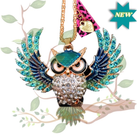 Owl Wide Wing-Spread Blue Crystal Rhinestone Pendant/Necklace-Betsey Johnson NWT - Picture 1 of 7